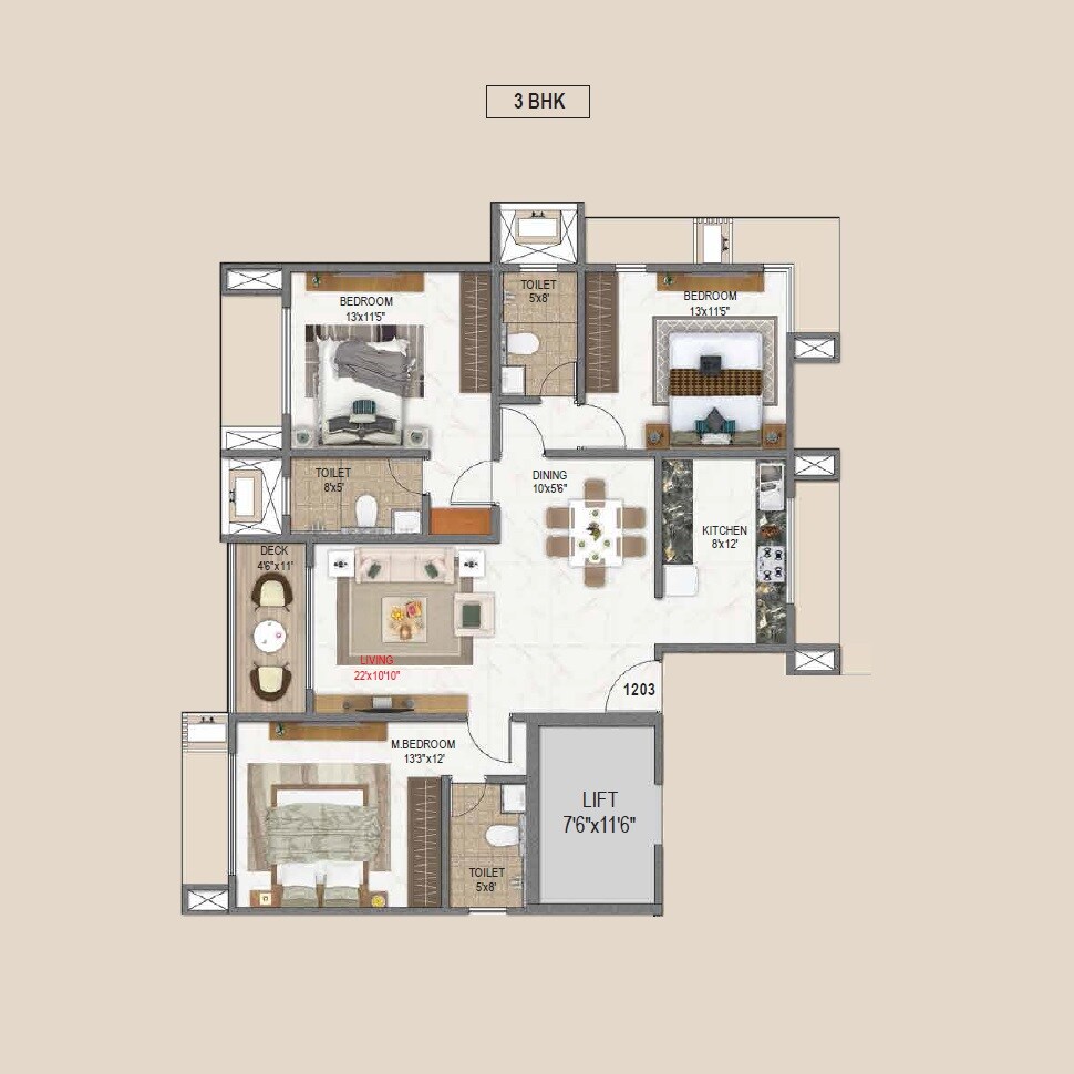 Floor plan of 3 BHK 1087 Sq. Ft. Apartment in Paras 92 Platinum Hive, Mumbai