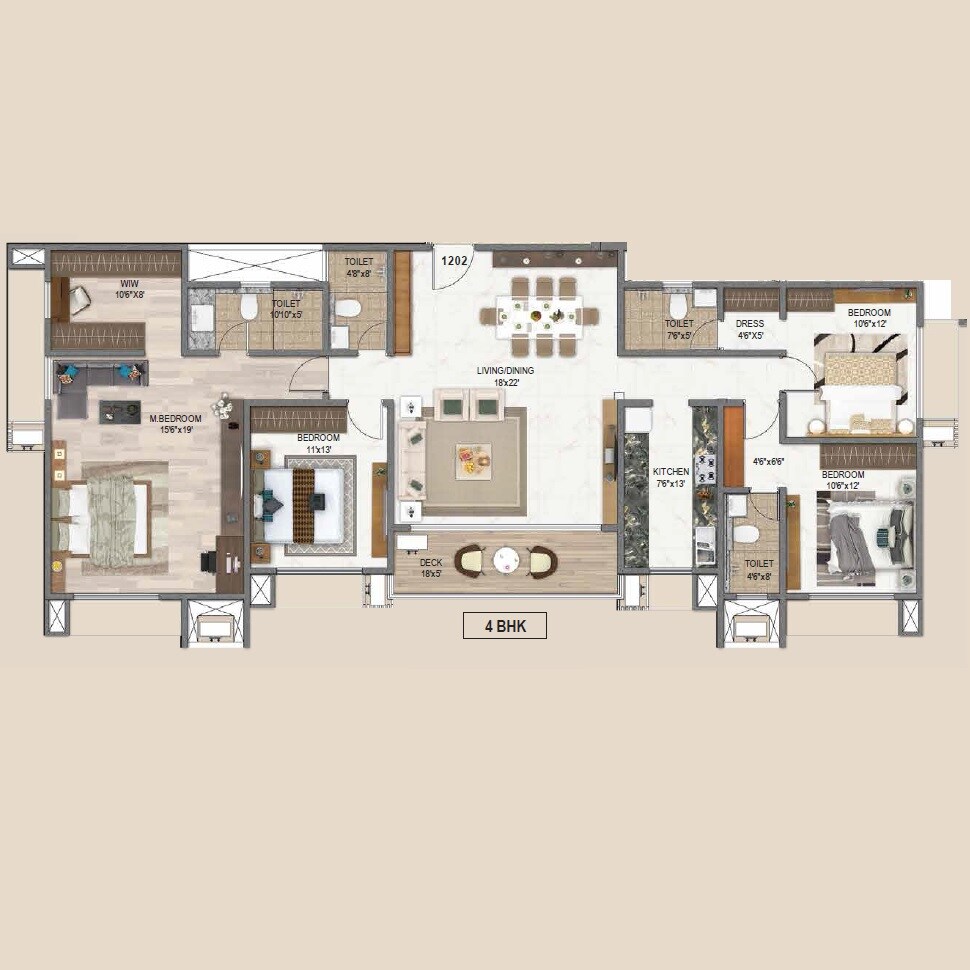 Floor plan of 4 BHK 1708 Sq. Ft. Apartment in Paras 92 Platinum Hive, Mumbai