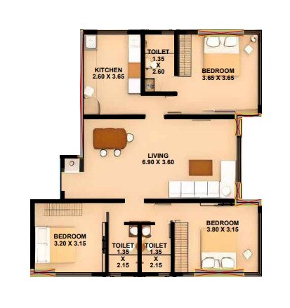 3 BHK 958 Sq. Ft. Apartment