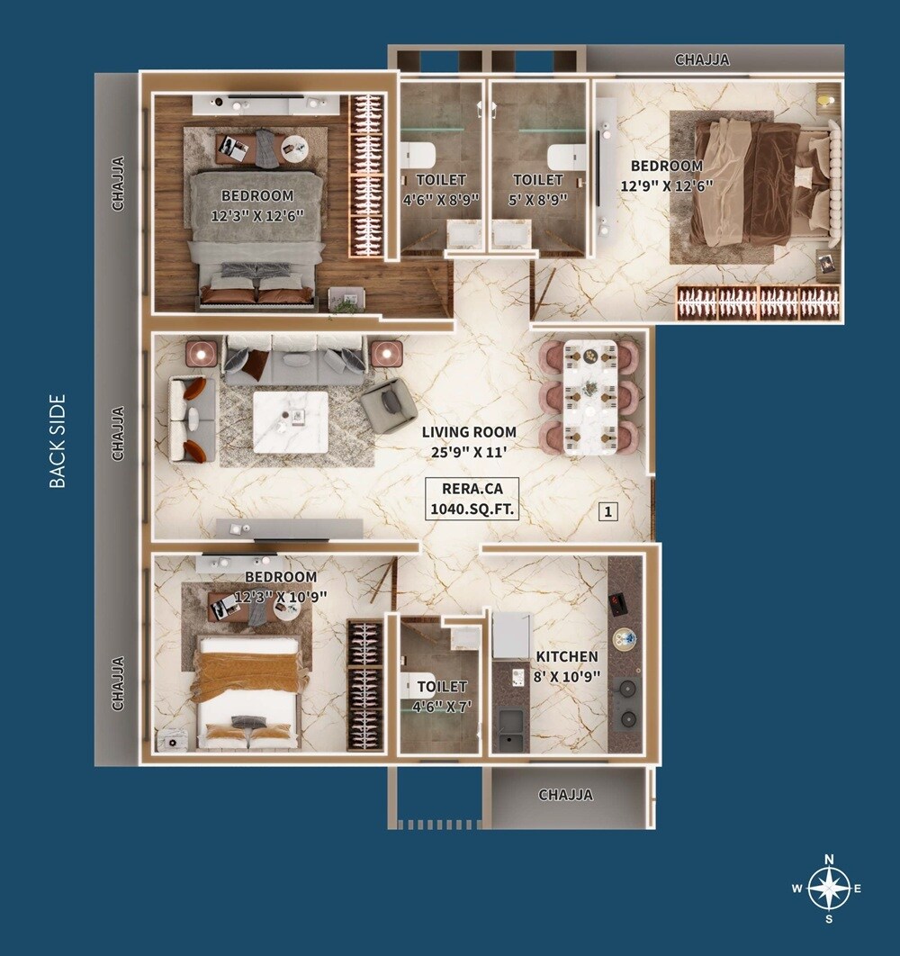 Floor plan of 3 BHK 1040 Sq. Ft. Apartment in Pardis Shangrila, Mumbai