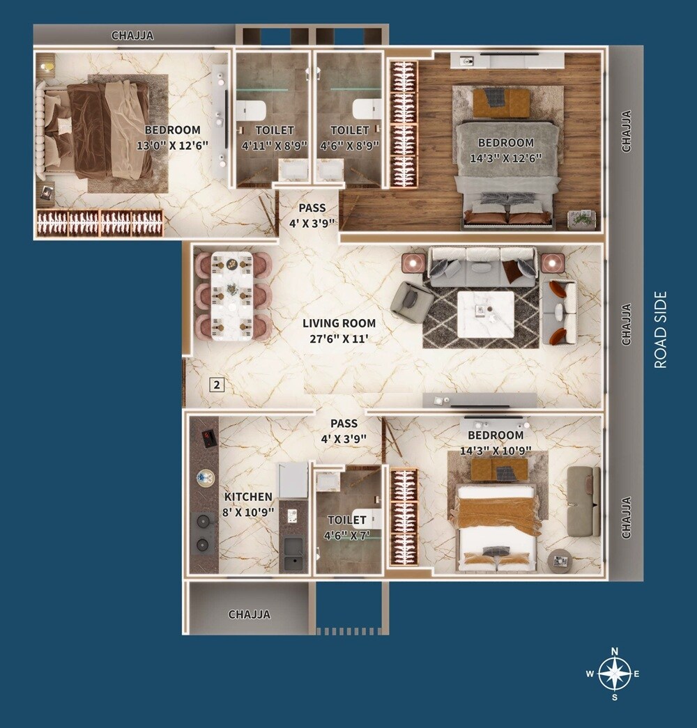 Floor plan of 3 BHK 1121 Sq. Ft. Apartment in Pardis Shangrila, Mumbai