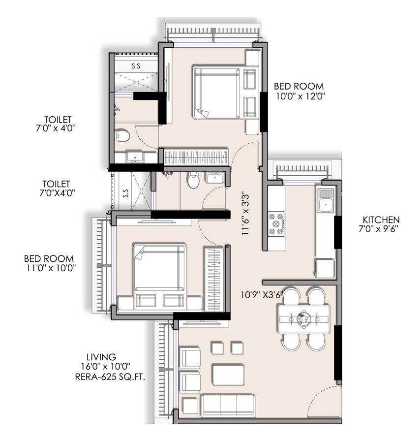 Floor plan of 2 BHK 625 Sq. Ft. Apartment in Pardis Shingadia, Mumbai