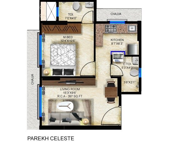 Floor plan of 1 BHK 397 Sq. Ft. Apartment in Parekh Celeste, Mumbai
