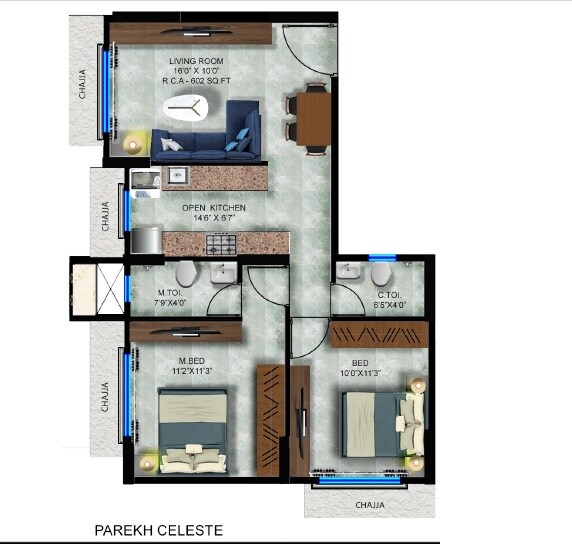 Floor plan of 2 BHK 602 Sq. Ft. Apartment in Parekh Celeste, Mumbai