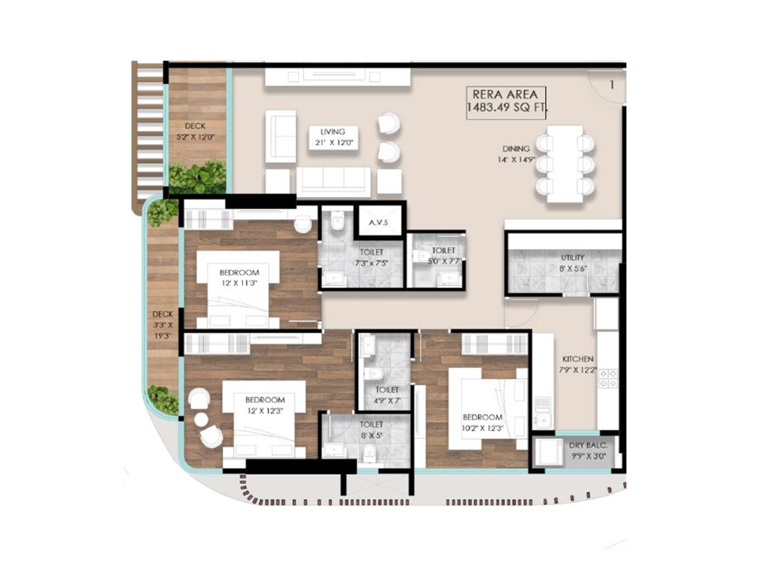 Floor plan of 3 BHK 1480 Sq. Ft. Apartment in Parinee Elenora, Mumbai