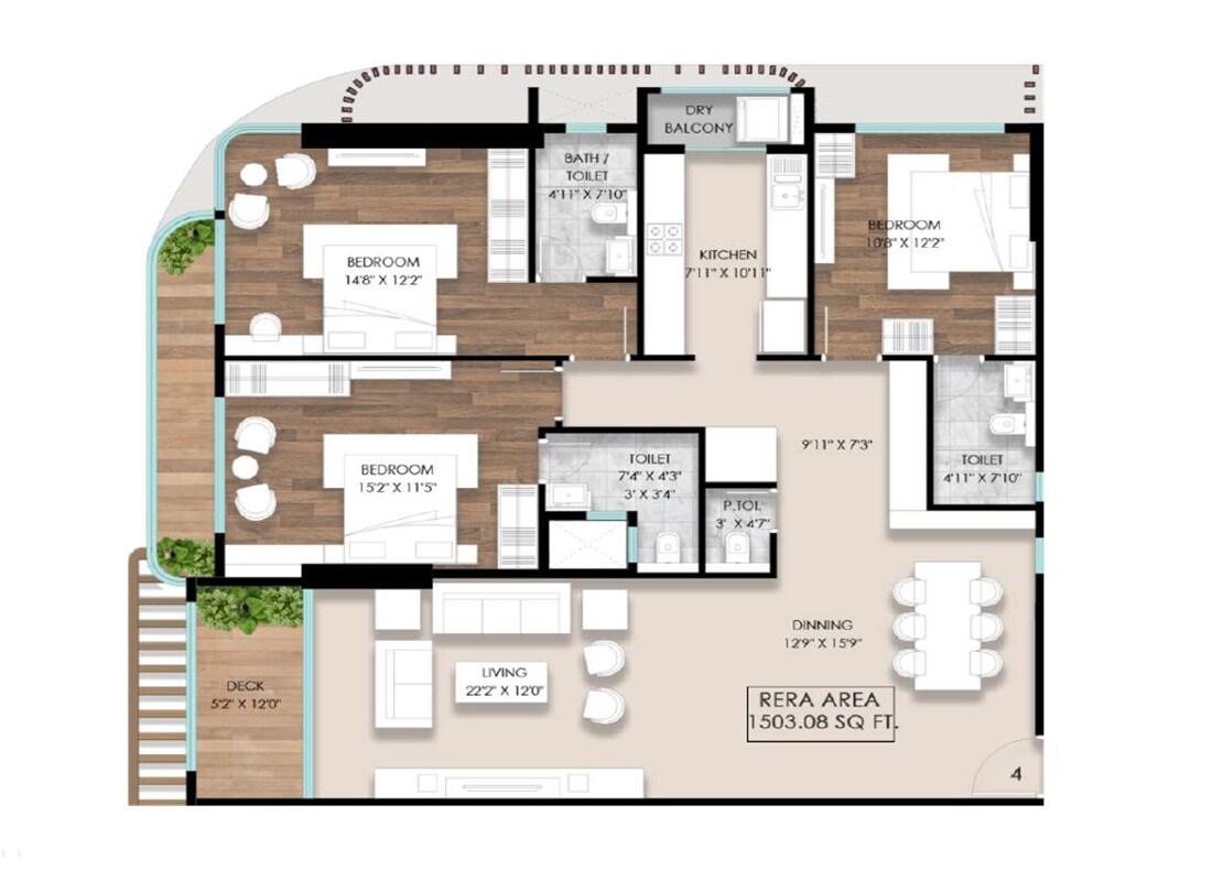 Floor plan of 3 BHK 1500 Sq. Ft. Apartment in Parinee Elenora, Mumbai