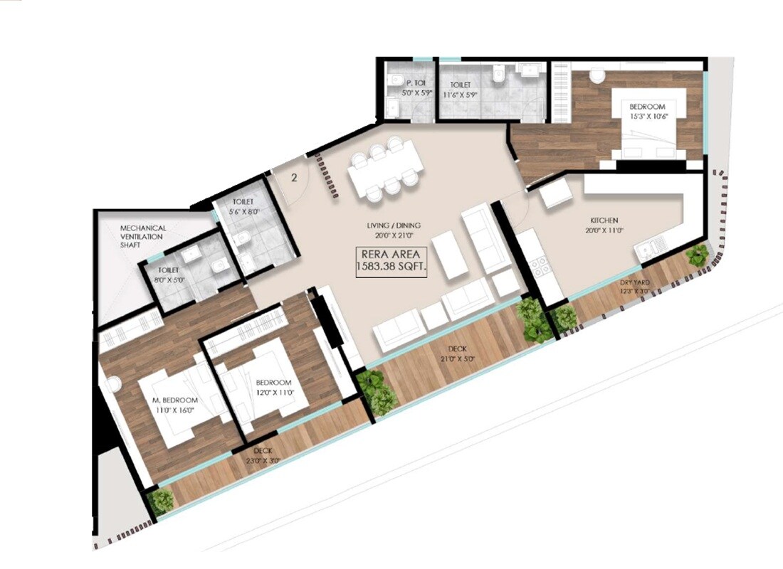 Floor plan of 3 BHK 1585 Sq. Ft. Apartment in Parinee Elenora, Mumbai