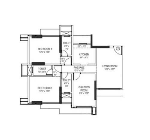 Floor plan of 3 BHK Apartment - 749 sq. ft. in Park Residency Borivali, Mumbai