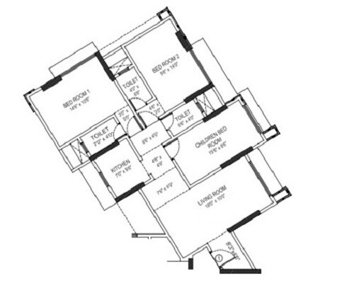 Floor plan of 3 BHK Apartment - 886 sq. ft. in Park Residency Borivali, Mumbai