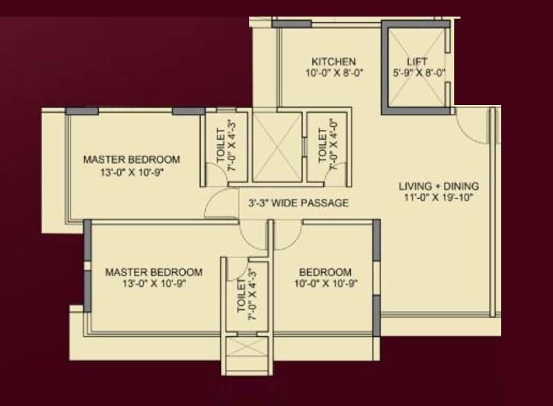 Floor plan of 3 BHK 930 Sq. Ft. Apartment in Parsh 55 Evana, Mumbai