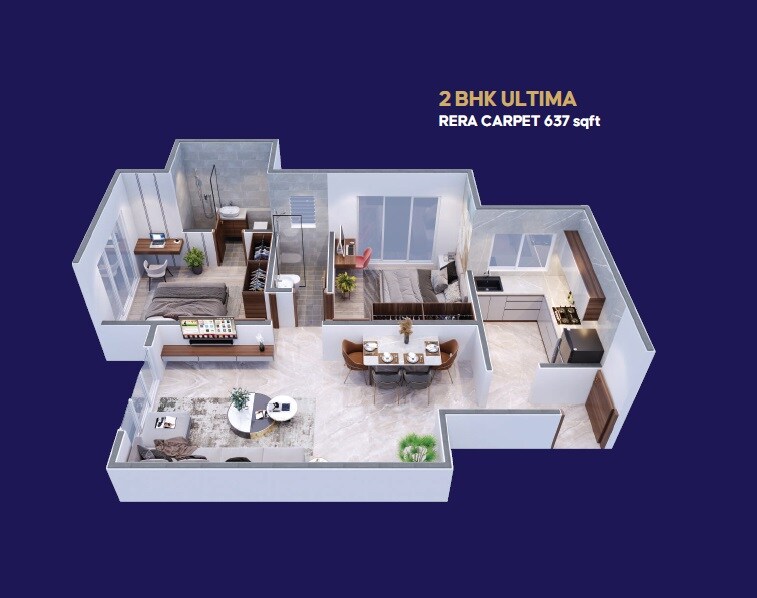 Floor plan of 2 BHK 637 Sq. Ft. Apartment in Parsn Bhagyalakshmi, Mumbai