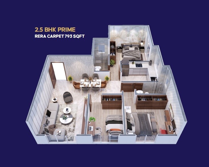 Floor plan of 2 BHK 793 Sq. Ft. Apartment in Parsn Bhagyalakshmi, Mumbai
