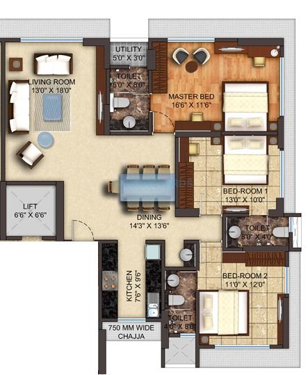 Floor plan of 3 BHK 1061 Sq. Ft. Apartment in Pashmina Serene, Mumbai