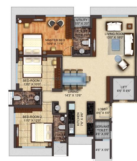 Floor plan of 3 BHK 1084 Sq. Ft. Apartment in Pashmina Serene, Mumbai