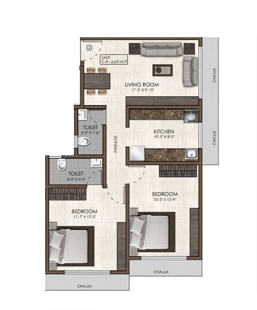 2 BHK 669 Sq. Ft. Apartment