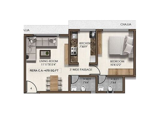 Floor plan of 1 BHK 470 Sq. Ft. Apartment in PCPL Tiara CHS, Mumbai