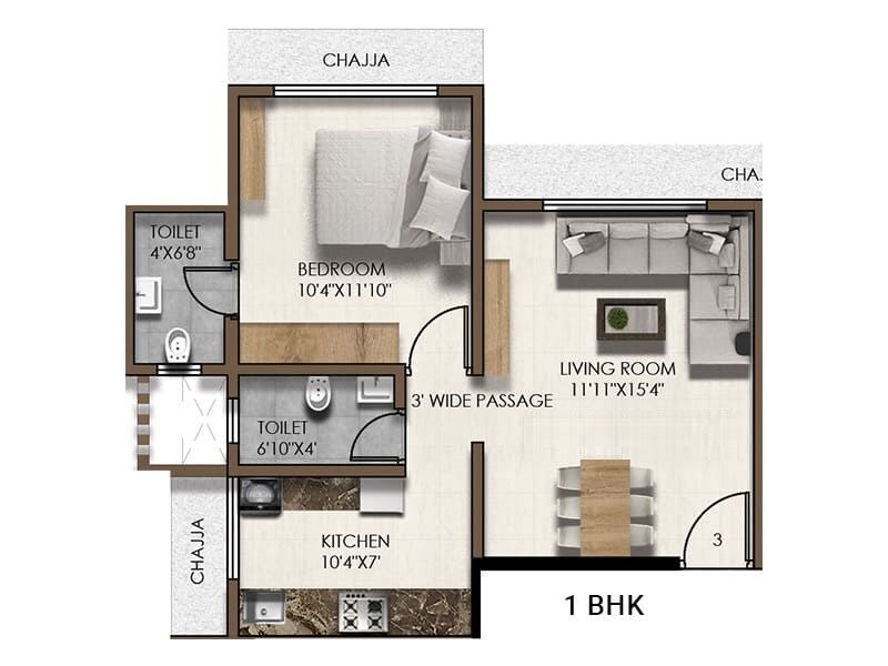 Floor plan of 1 BHK 491 Sq. Ft. Apartment in PCPL Tiara CHS, Mumbai