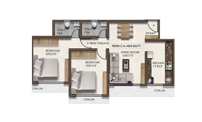 Floor plan of 2 BHK 643 Sq. Ft. Apartment in PCPL Tiara CHS, Mumbai