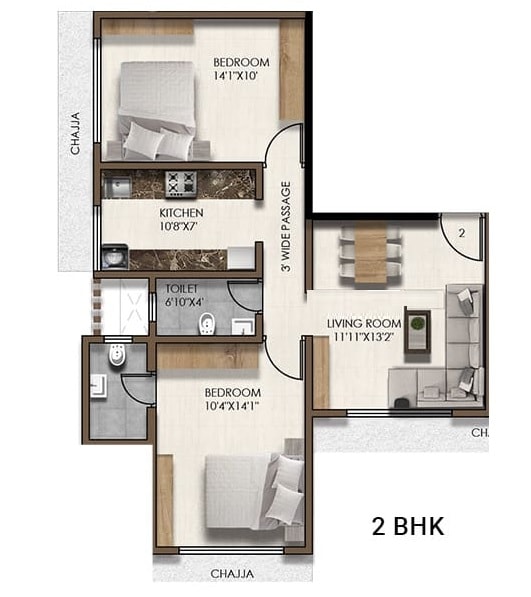 Floor plan of 2 BHK 815 Sq. Ft. Apartment in PCPL Tiara CHS, Mumbai