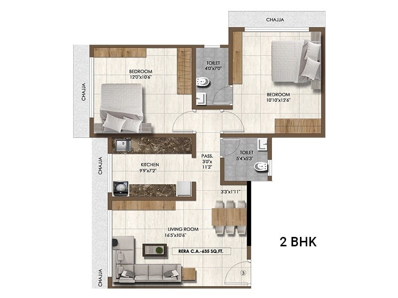 Floor plan of 2 BHK 635 Sq. Ft. Apartment in PCPL Two One Two Apartment, Mumbai