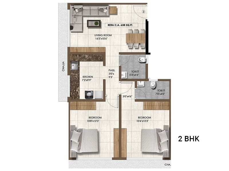 Floor plan of 2 BHK 638 Sq. Ft. Apartment in PCPL Two One Two Apartment, Mumbai