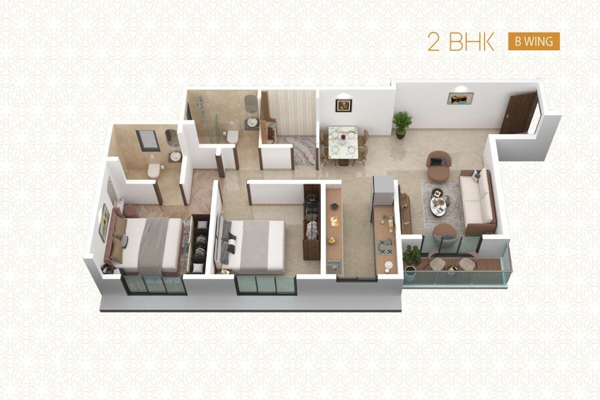 Floor plan of 2 BHK 728 Sq. Ft. Apartment in Pearl Grace, Mumbai