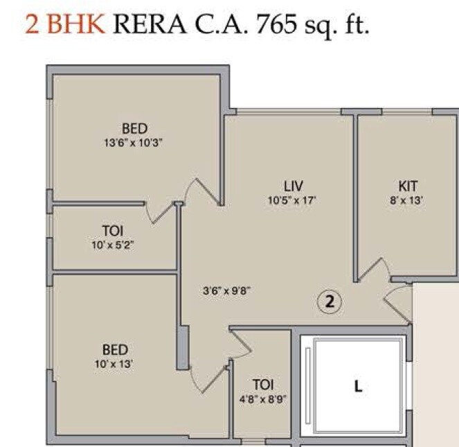 Floor plan of 2 BHK 765 Sq. Ft. Apartment in Pebble La Serena Tower, Mumbai