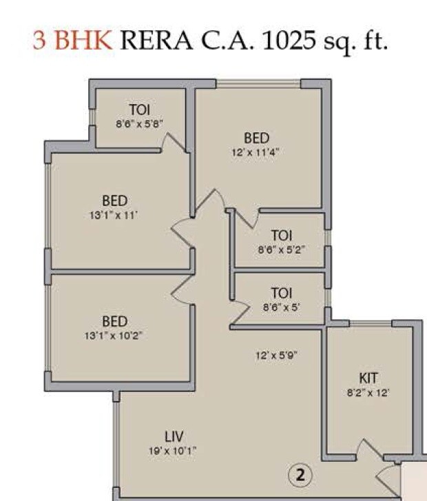 Floor plan of 3 BHK 1025 Sq. Ft. Apartment in Pebble La Serena Tower, Mumbai