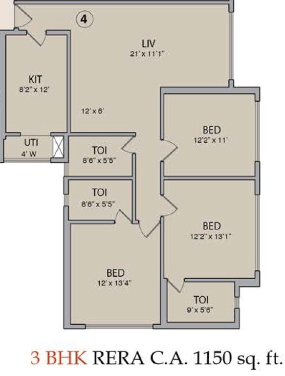 Floor plan of 3 BHK 1150 Sq. Ft. Apartment in Pebble La Serena Tower, Mumbai