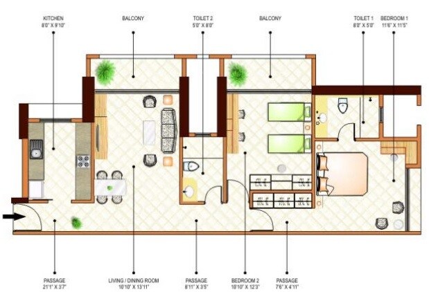Floor plan of 2 BHK 1090 Sq. Ft. Apartment in Peninsula Ashok Towers, Mumbai