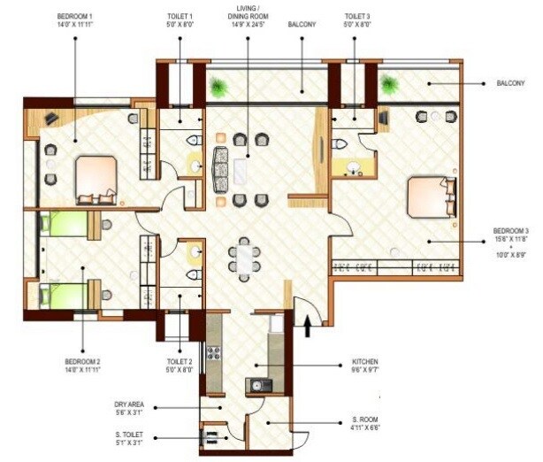 Floor plan of 3 BHK 1915 Sq. Ft. Apartment in Peninsula Ashok Towers, Mumbai