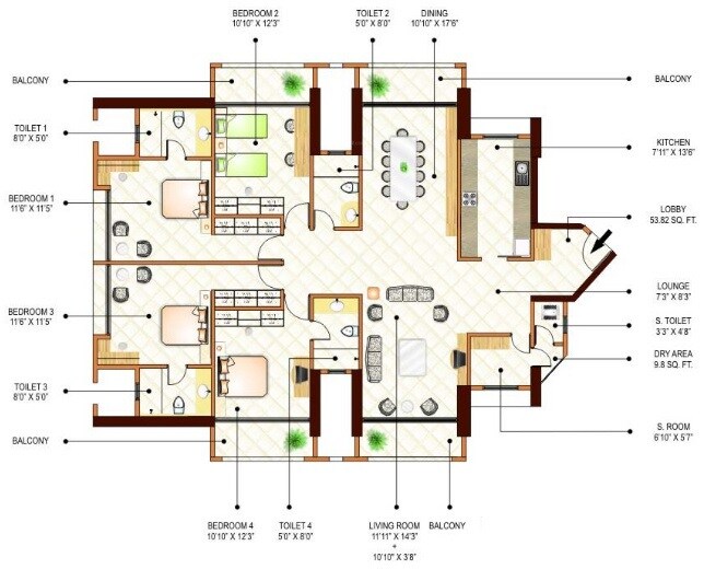 Floor plan of 4 BHK 2110 Sq. Ft. Apartment in Peninsula Ashok Towers, Mumbai