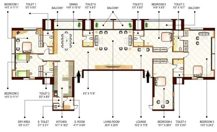 Floor plan of 5 BHK 3855 Sq. Ft. Apartment in Peninsula Ashok Towers, Mumbai