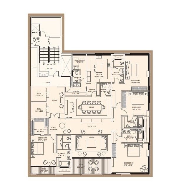 Floor plan of 4 BHK 3080 Sq. Ft. Apartment in Peninsula Carmichael Residences, Mumbai