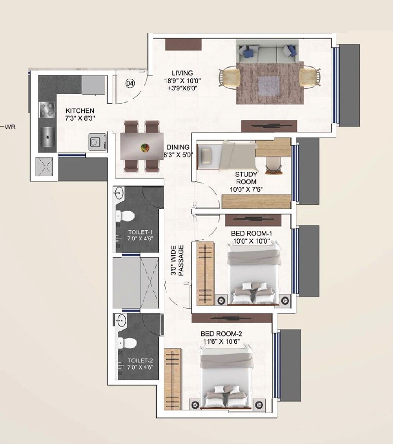 Floor plan of 2 BHK 632 Sq. Ft. Apartment in Pentagon Mantri Our Home, Mumbai