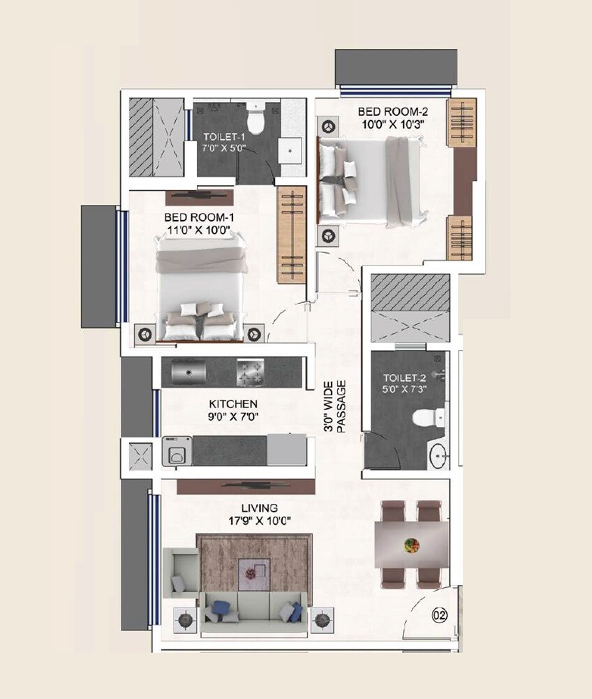 Floor plan of 2 BHK 602 Sq. Ft. Apartment in Pentagon Mantri Our Home, Mumbai