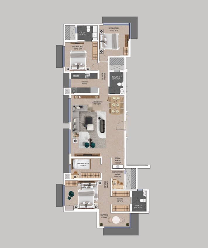 Floor plan of 3 BHK 770 Sq. Ft. Apartment in Pentagon Mantri Our Home, Mumbai