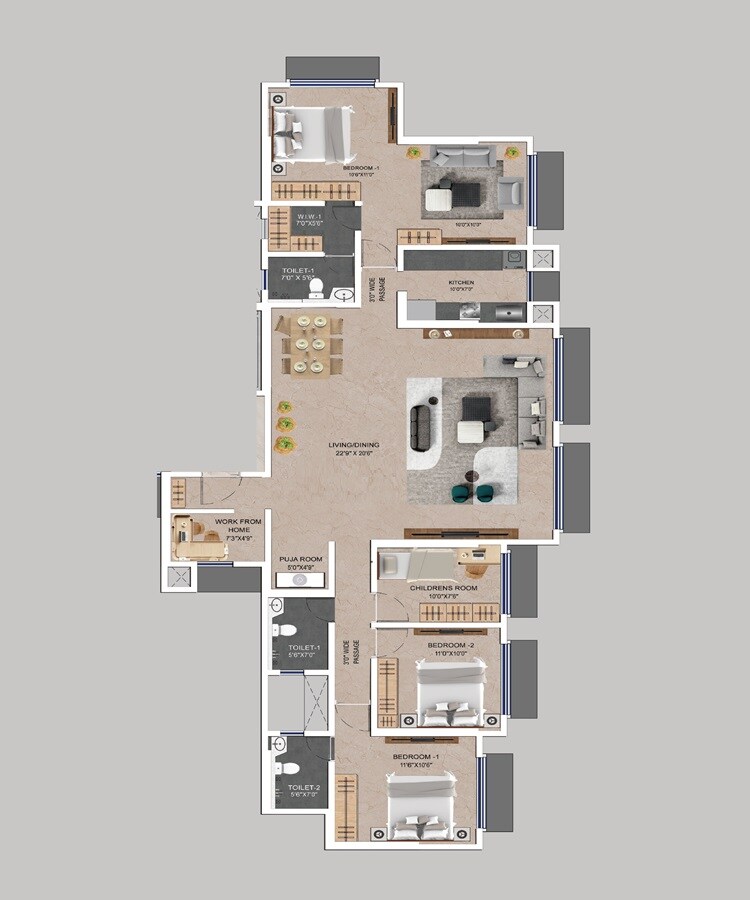 Floor plan of 3 BHK 818 Sq. Ft. Apartment in Pentagon Mantri Our Home, Mumbai