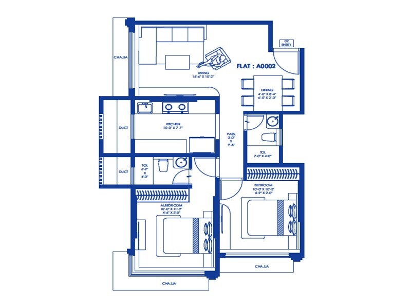 Floor plan of 2 BHK 699 Sq. Ft. Apartment in Perfect Saffronwoods CHS, Mumbai