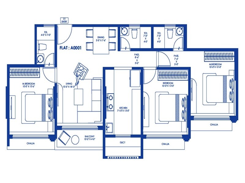 Floor plan of 3 BHK 890 Sq. Ft. Apartment in Perfect Saffronwoods CHS, Mumbai
