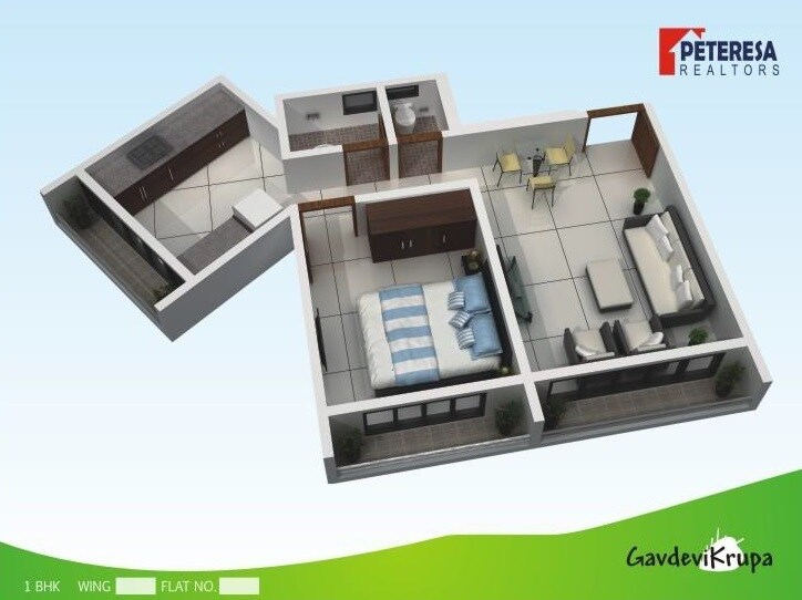 Floor plan of 1 BHK Apartment - 412 sq. ft. in Peteresa Gavdevikrupa, Mumbai