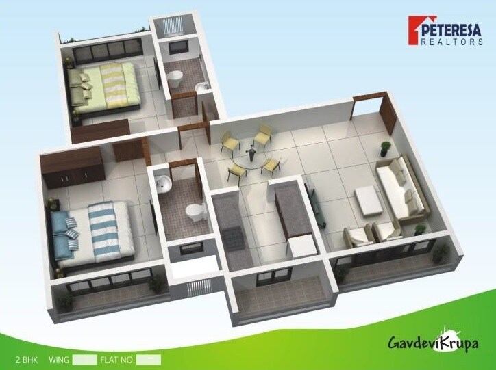 Floor plan of 2 BHK Apartment - 603 sq. ft. in Peteresa Gavdevikrupa, Mumbai