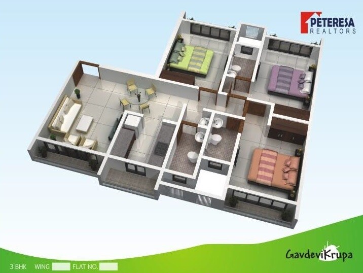 Floor plan of 3 BHK Apartment - 691 sq. ft. in Peteresa Gavdevikrupa, Mumbai