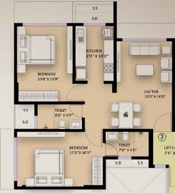 Floor plan of 2 BHK 674 Sq. Ft. Apartment in Pinal Pramukh Krupa, Mumbai