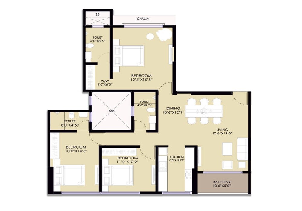 Floor plan of 3 BHK Apartment - 1129 sq. ft. in Pinal Sardar House Project, Mumbai