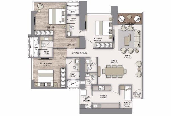Floor plan of 3 BHK 1650 Sq. Ft. Apartment in Piramal Aranya Avyan, Mumbai