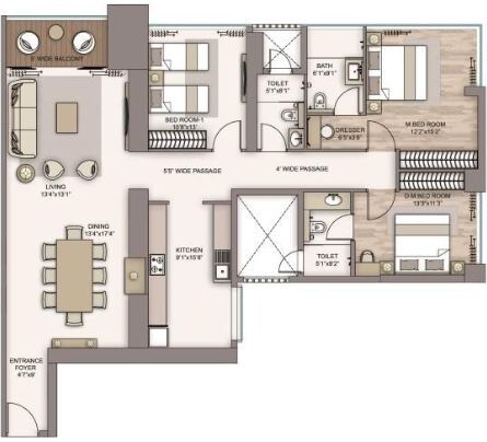 Floor plan of 3 BHK 1378 Sq. Ft. Apartment in Piramal Aranya Avyan, Mumbai