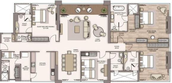 Floor plan of 4 BHK 2075 Sq. Ft. Apartment in Piramal Aranya Avyan, Mumbai