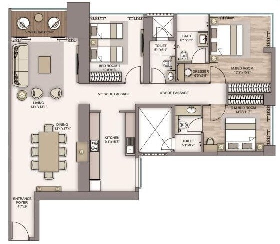 3 BHK 990 Sq. Ft. Apartment