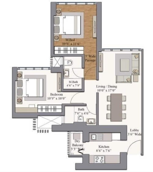 2 BHK 606 Sq. Ft. Apartment